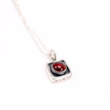 Sterling Silver Garnet Necklace - Tiny Modern Square Red Gemstone Pendant on Adjustable Sterling Chain