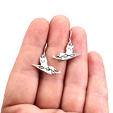 Flying Cat Charm Earrings - Kitty in a Plane Sterling Silver Dangles - Moving Gift for Cat Owner