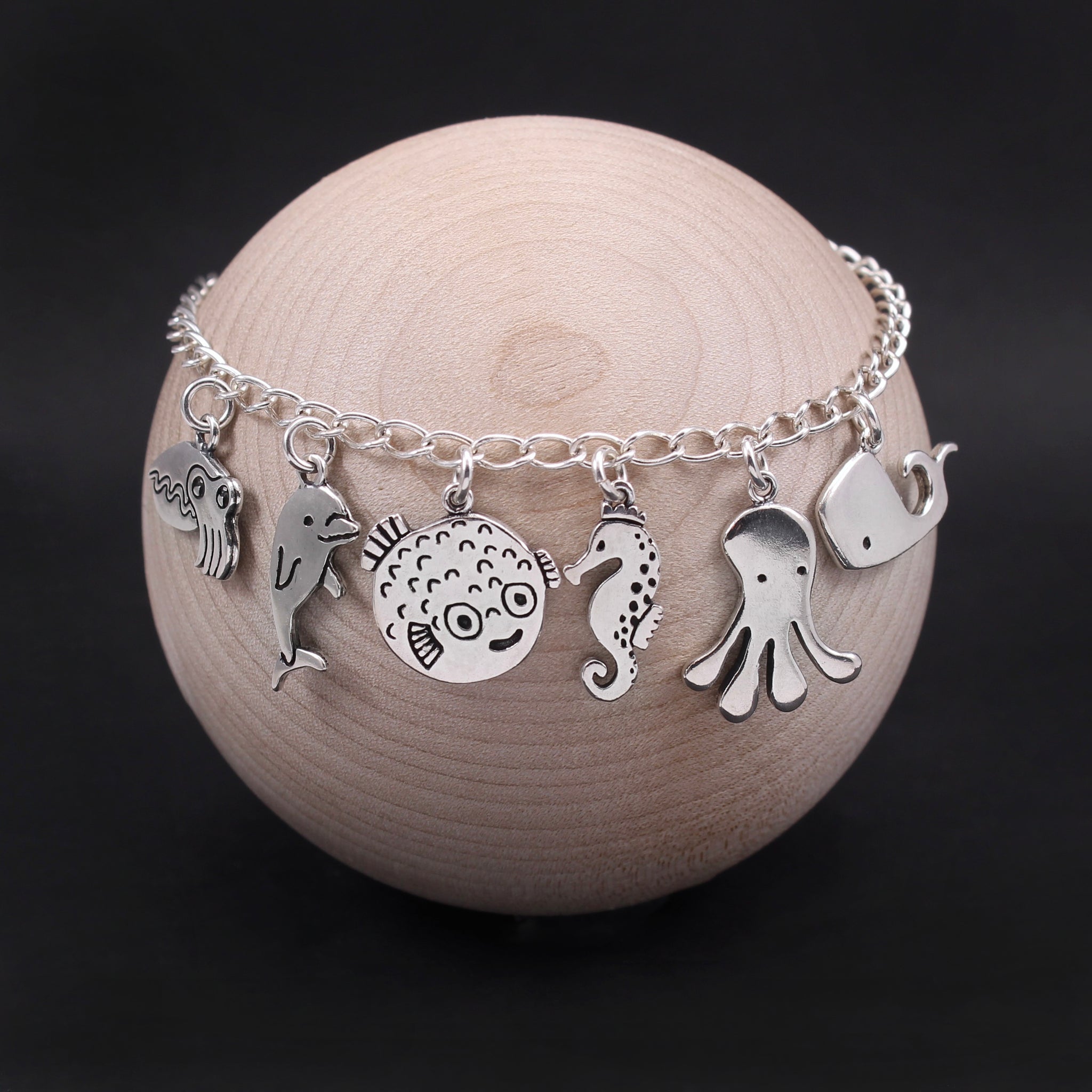 Six Cats Charm Bracelet - Sterling Silver Bracelet with 6 Unique