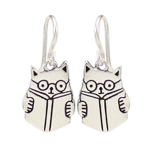 Sterling Silver Book Cat Earrings - Cat Jewelry