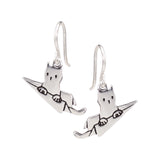 Flying Cat Charm Earrings - Kitty in a Plane Sterling Silver Dangles - Moving Gift for Cat Owner
