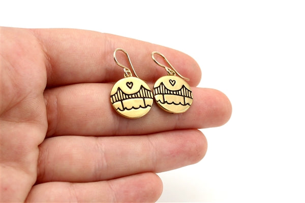 Mark Poulin Jewelry Gold Medallion Golden Gate Charm Earrings