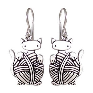 Sterling Silver Knitten Earrings - Cat and Yarn Earrings