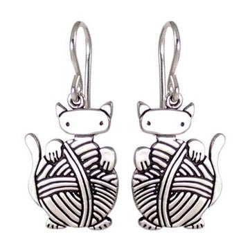 Sterling Silver Knitten Earrings - Cat and Yarn Earrings