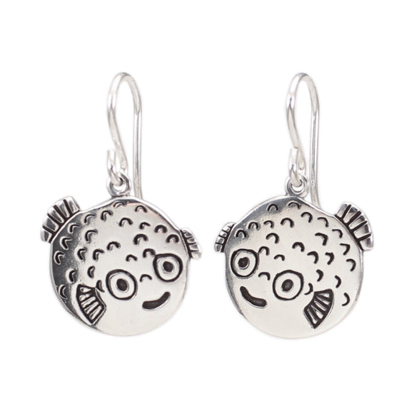 Sterling Silver Pufferfish Charm Earrings