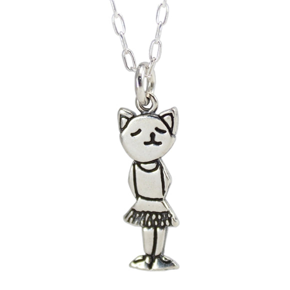 Sterling Silver Ballerina Cat Charm Necklace - Ballet Pendant on an Adjustable Sterling Chain