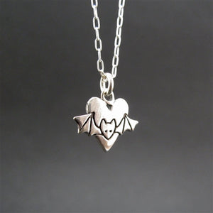 Sterling Silver Little Bat and Heart-Shaped Necklace - Bat Charm on Adjustable Chain