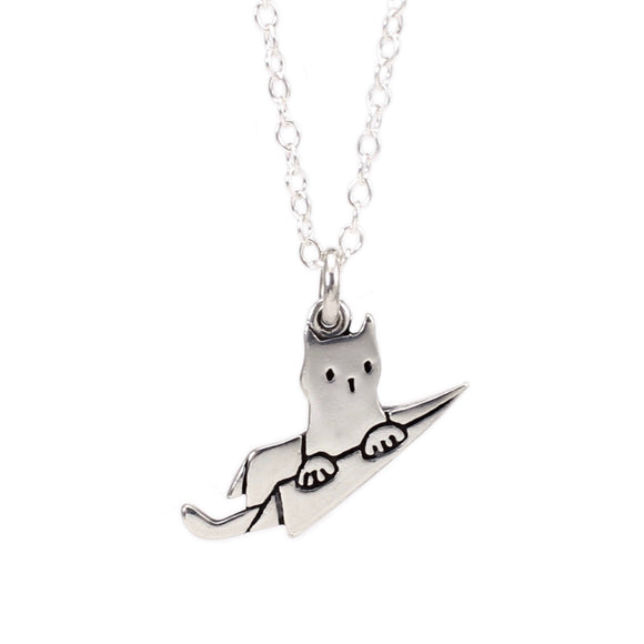 Sterling Silver Flying Cat Charm on Adjustable Sterling Silver Chain- Cat in a Plane Charm