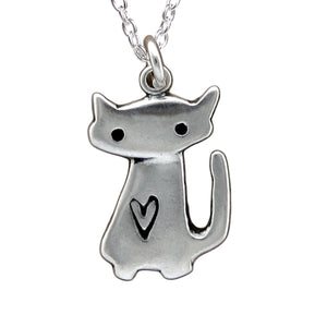 Sterling Silver Love Cat Charm Necklace on Adjustable Sterling Chain - Cat Charm