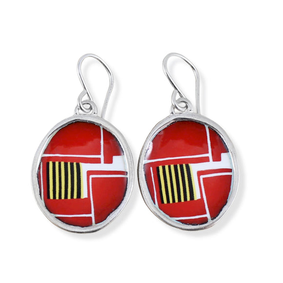 Sterling Silver and Enamel Geometric Earring in Red and Yellow - Modern Dangles