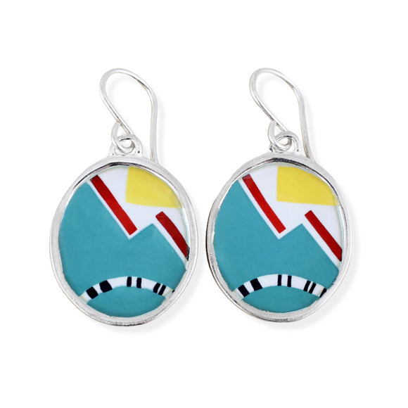 Sterling Silver Mountain Sunset Earrings in Turquoise Red and Yellow - Modern Dangles