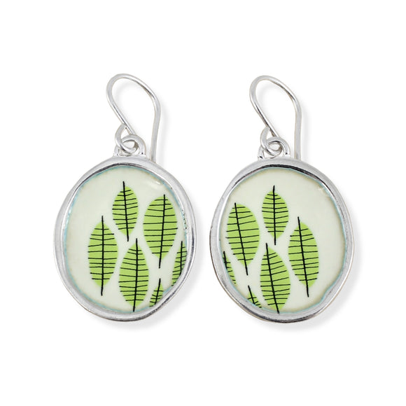 Sterling Silver Green Leaf Dangle Earrings - Vitreous Enamel Botanical Jewelry