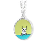 Sterling Silver and Enamel Peeking Cat Charm Necklace on Adjustable Sterling Chain