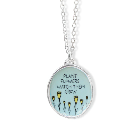 Plant Flowers, Watch Them Grow Pendant - Sterling Silver and Enamel Gardener Necklace