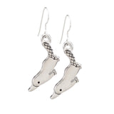 Pewter Platypus Earrings Dangling from a Sterling Silver Ear Wire