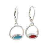 Sterling Silver Minimal Lever Back Earrings in Reversible Red and Sapphire Enamel - Venn Diagram Geometric Modern Earrings