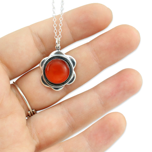 Sterling Silver and Carnelian Flower Pendant - Orange Gemstone Jewelry