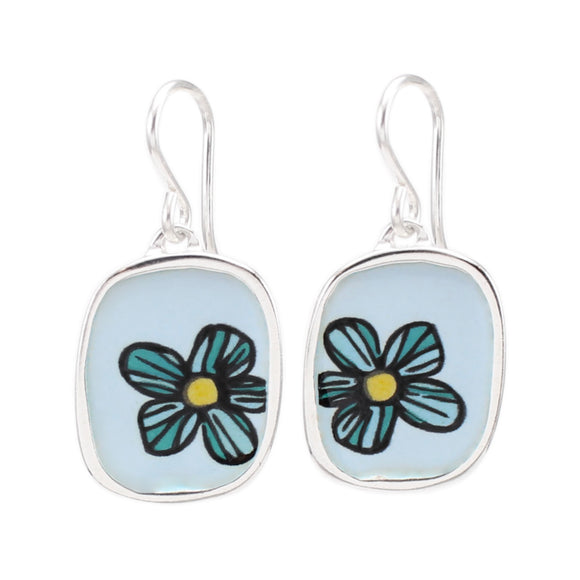 Sterling Silver and Enamel Blue Flower Earrings - Flower Dangle Earrings
