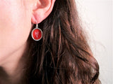 Oval Red Stripe Heart Earrings Vitreous Enamel and Sterling Silver