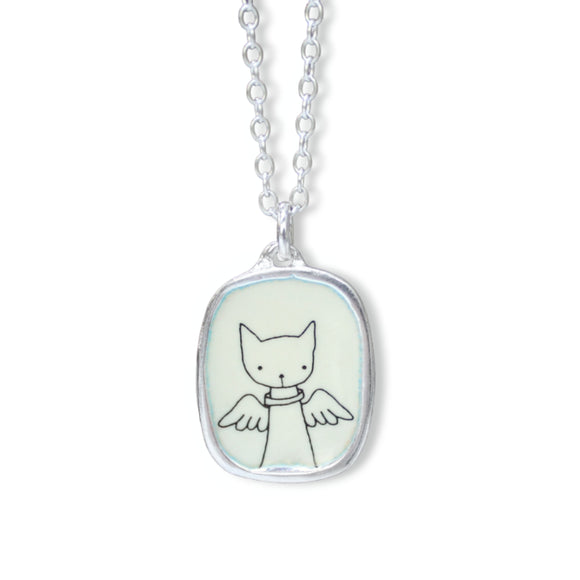 Angel Cat Necklace - Sterling Silver and Enamel Cat with Wings Pendant - Cat Memorial Jewelry