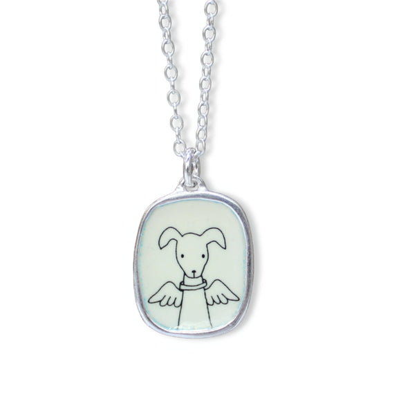 Angel Dog Necklace - Sterling Silver and Enamel Dog with Wings Pendant - Dog Memorial Jewelry