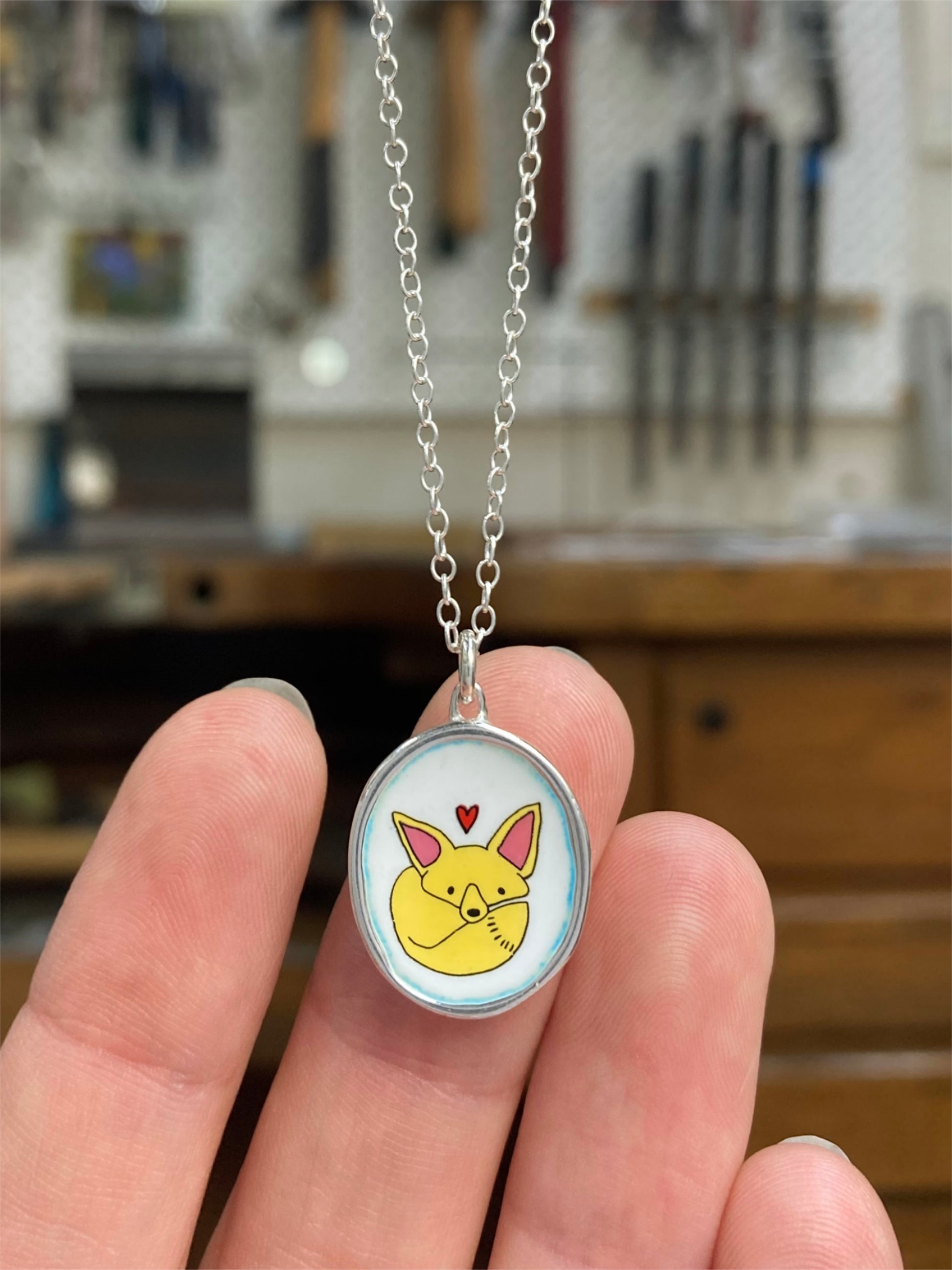 Sterling Silver and Enamel Fennec Fox Charm Necklace on Adjustable