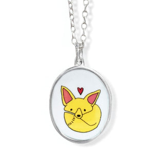 Sterling Silver and Enamel Fennec Fox Charm Necklace on Adjustable Sterling Chain - Fox Jewelry
