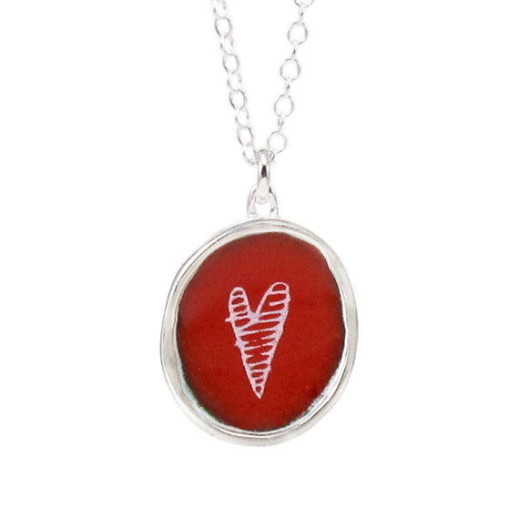Sterling Silver and Enamel Red Stripe Heart Necklace