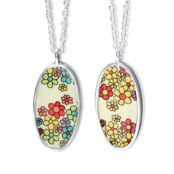 Flower Power Pendant - Reversible Sterling Silver and Enamel Floral Hippie Necklace