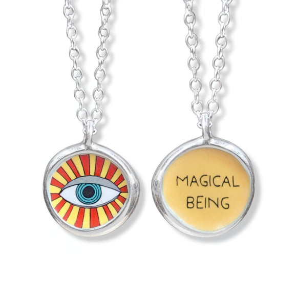 Sterling Silver Reversible Evil Eye Pendant with Quote Magical Being