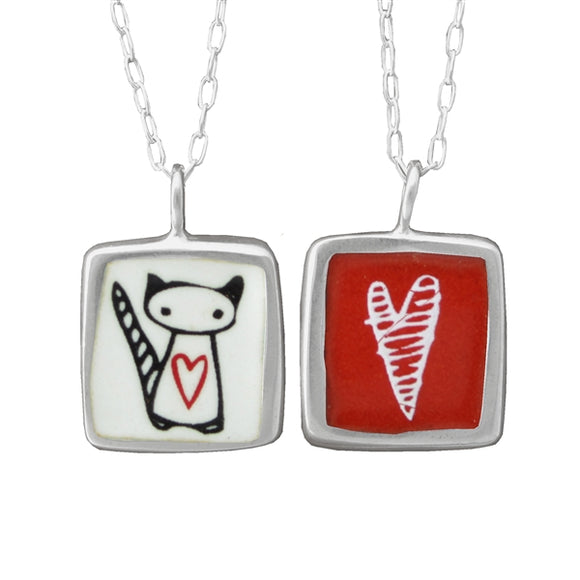 Sterling Silver and Enamel Love Cat and Stripe Heart Necklace
