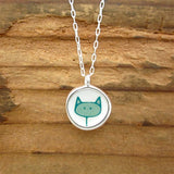 Sterling Silver and Enamel Reversible Cat Necklace - Orange Kitty and Blue Kitty