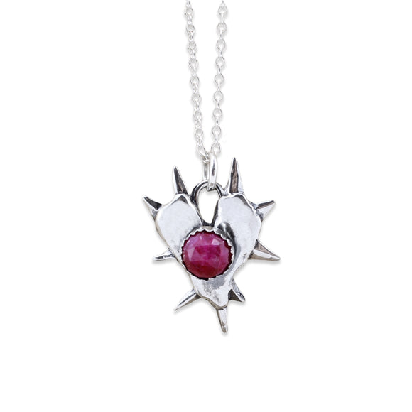 Spiked Heart Ruby Necklace - Rose Cut Ruby Gemstone Pendant - Southwestern Style
