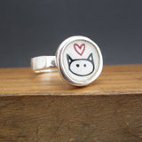 Sterling Silver and Enamel Round Love Kitty Ring