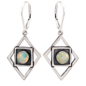 Modern Opal Earrings on Lever Back Ear Wires - Sterling Silver and Opal Diamond Shaped Earrings