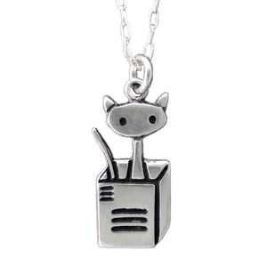 Sterling Silver Cat in a Box Necklace - Cat Charm on Adjustable Sterling Chain