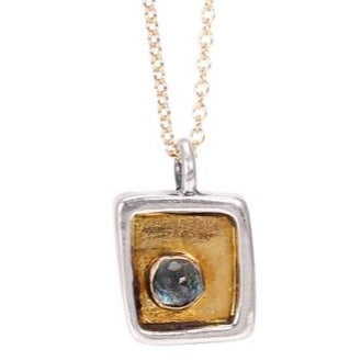 Rustic London Blue Topaz Necklace - 24k Gold and Sterling Silver Gemstone Pendant on Gold Filled Chain